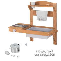 Spiel- und Matschküche kompakt zum Hängen mit Spielwanne, Herdplatte, Wasserbehälter mit Wasserhahn inkl. Zubehör - Teakholzfarben