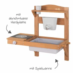 Spiel- und Matschküche kompakt zum Hängen mit Spielwanne, Herdplatte, Wasserbehälter mit Wasserhahn inkl. Zubehör - Teakholzfarben