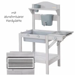Spiel- und Matschküche mit Spielwanne, 2 Herdplatten, Wasserbehälter mit Wasserhahn inkl. Zubehör - Grau