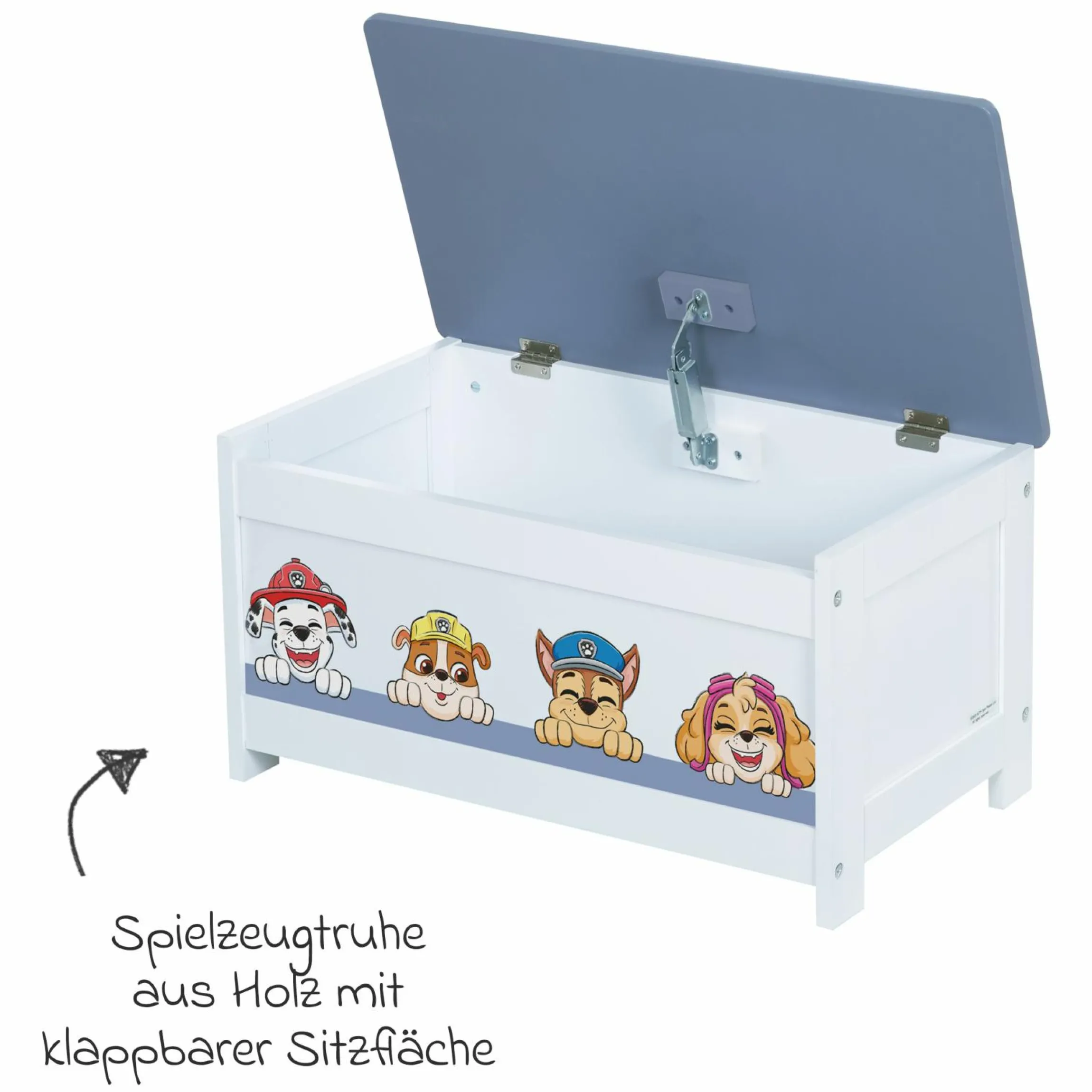 Spielzeugtruhe mit aufklappbarer Sitzfläche und Dämpfungsbeschlag - Paw Patrol - Weiß Blau