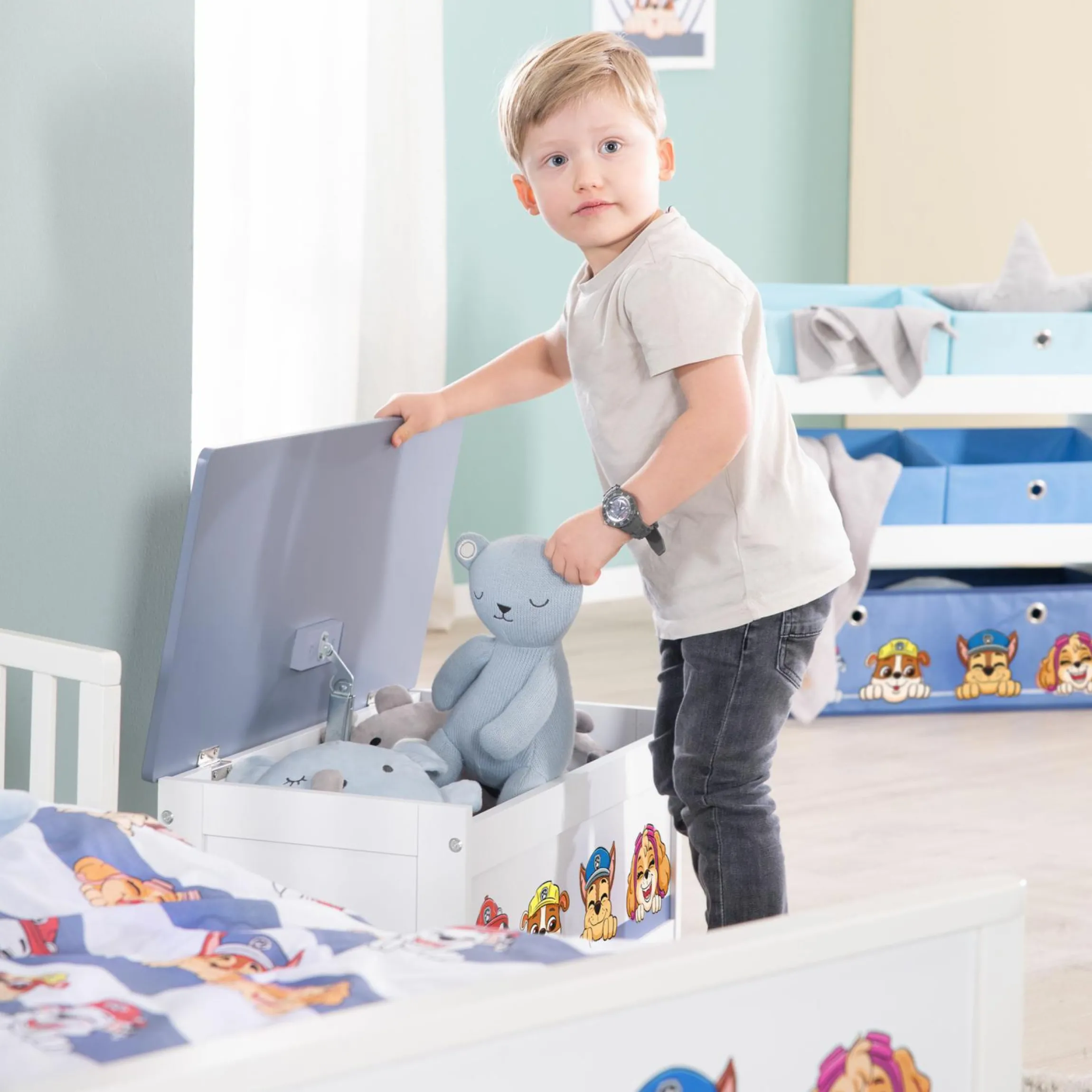 Spielzeugtruhe mit aufklappbarer Sitzfläche und Dämpfungsbeschlag - Paw Patrol - Weiß Blau