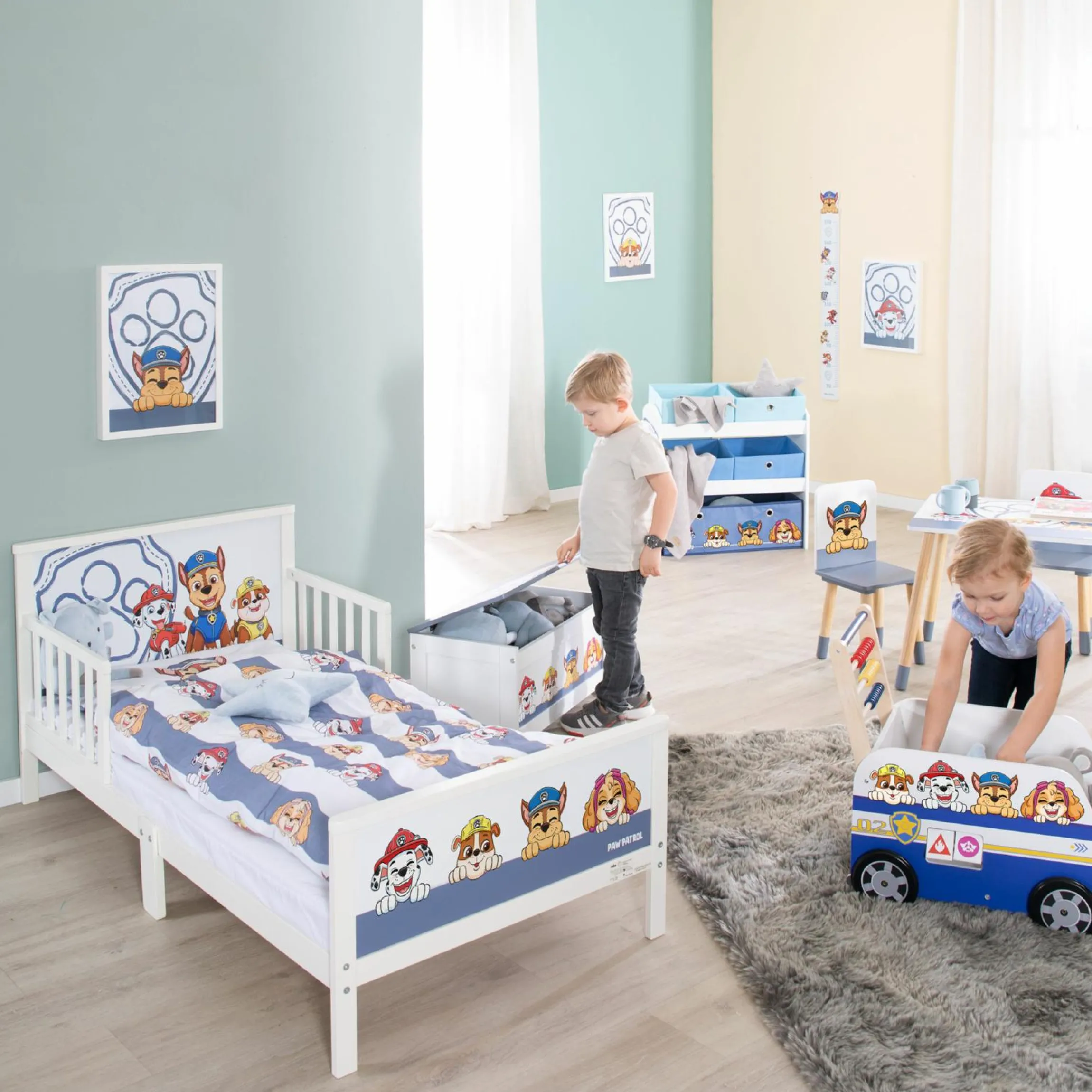 Spielzeugtruhe mit aufklappbarer Sitzfläche und Dämpfungsbeschlag - Paw Patrol - Weiß Blau