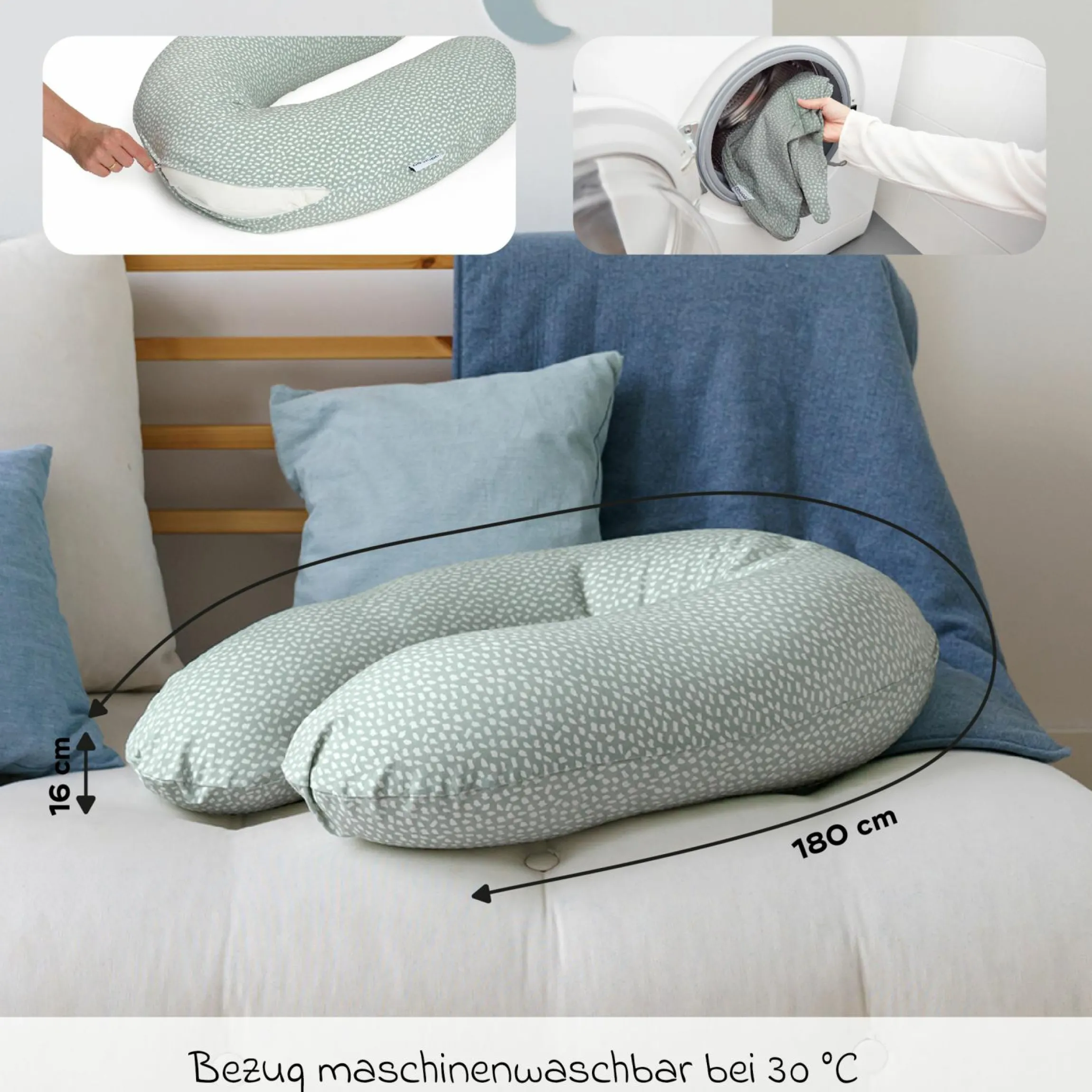 Stillkissen Buddy - mit Mikroperlen-Füllung inkl. Organic Cotton Bezug 180 cm - Cloudy Green