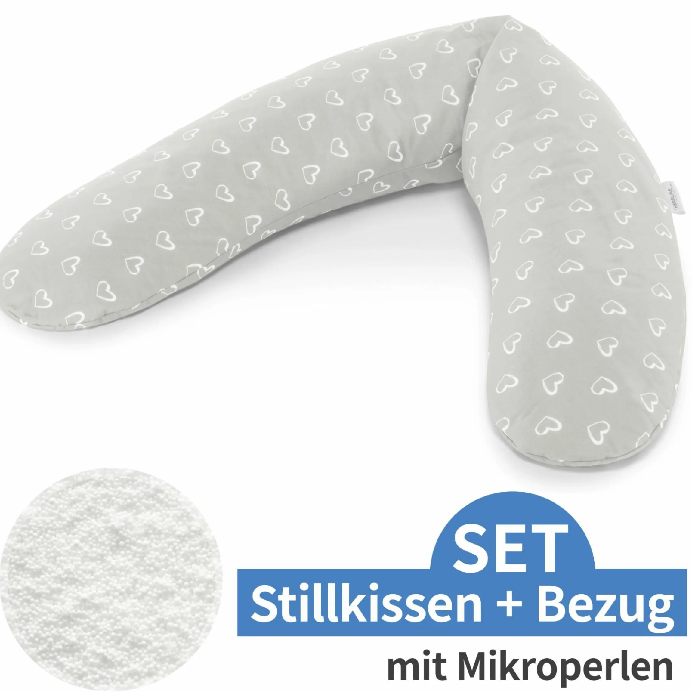 Stillkissen Das Komfort mit Mikroperlen-Füllung inkl. Bezug 180 cm - Herzen - Grau