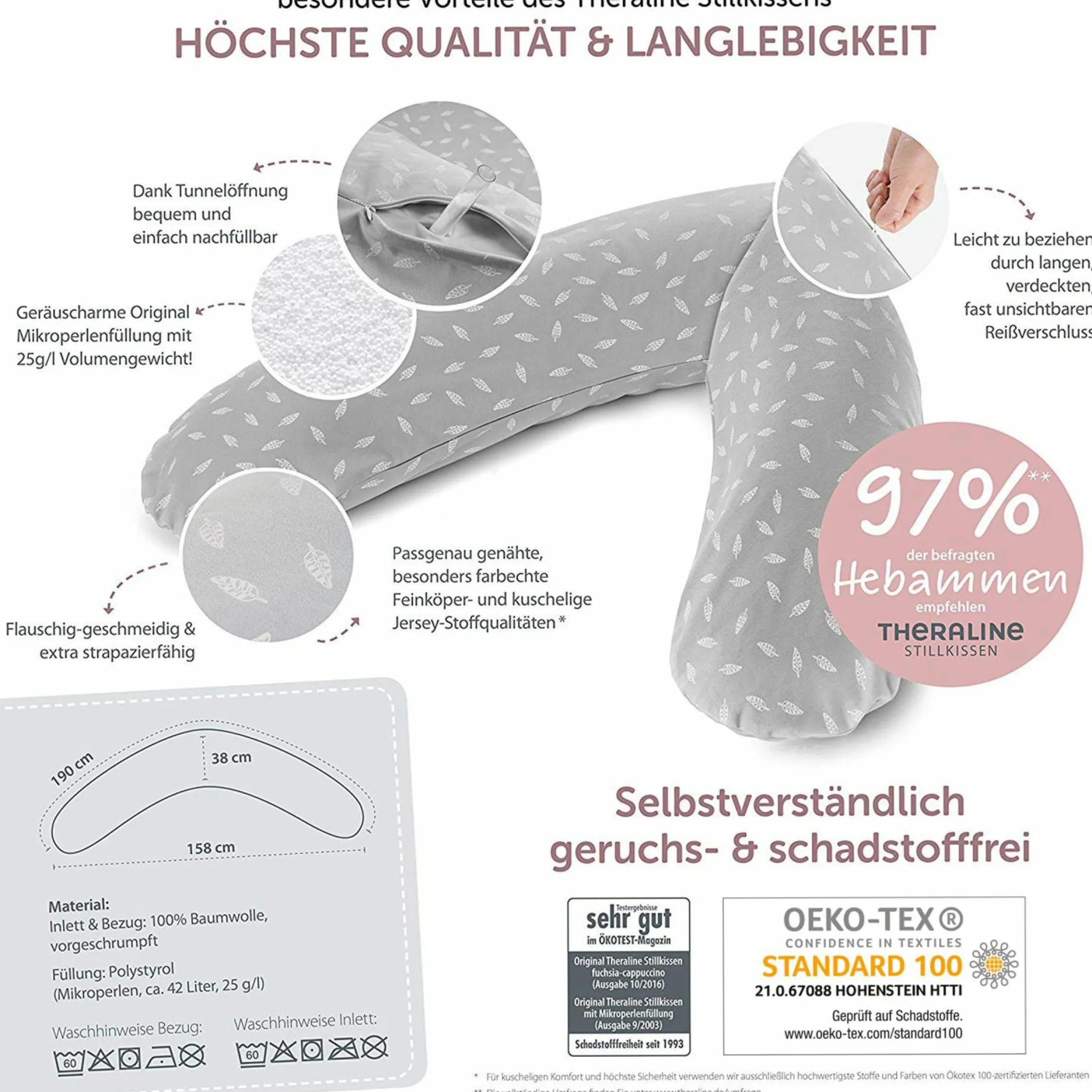 Stillkissen Das Original 190 cm + Gratis Mikroperlen-Nachfüllpack 9,5 Liter - Leaves - Grau