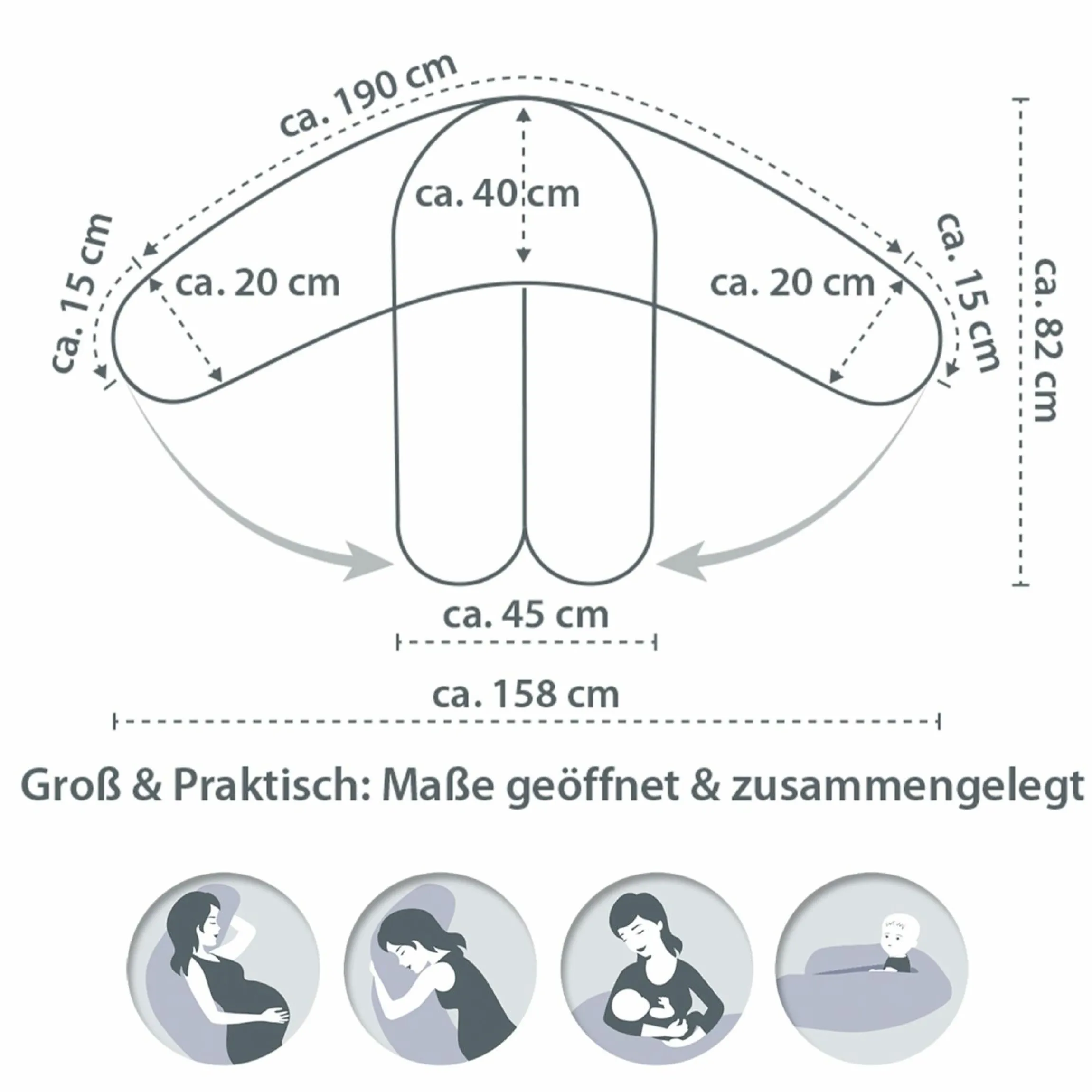 Stillkissen Das Original mit feiner Perlen-Füllung inkl. Bezug Musselin 190 cm - Lichtgrau