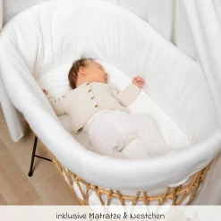 Stubenbett / Standwiege Rattan mit Metallbeinen inkl. Matratze + Nestchen - Offwhite