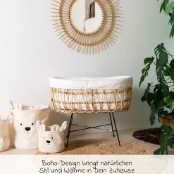 Stubenbett / Standwiege Rattan mit Metallbeinen inkl. Matratze + Nestchen - Offwhite