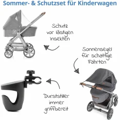 3-teiliges Sommer- & Schutzset für Kinderwagen mit Sonnensegel, Insektenschutz & Getränkehalter