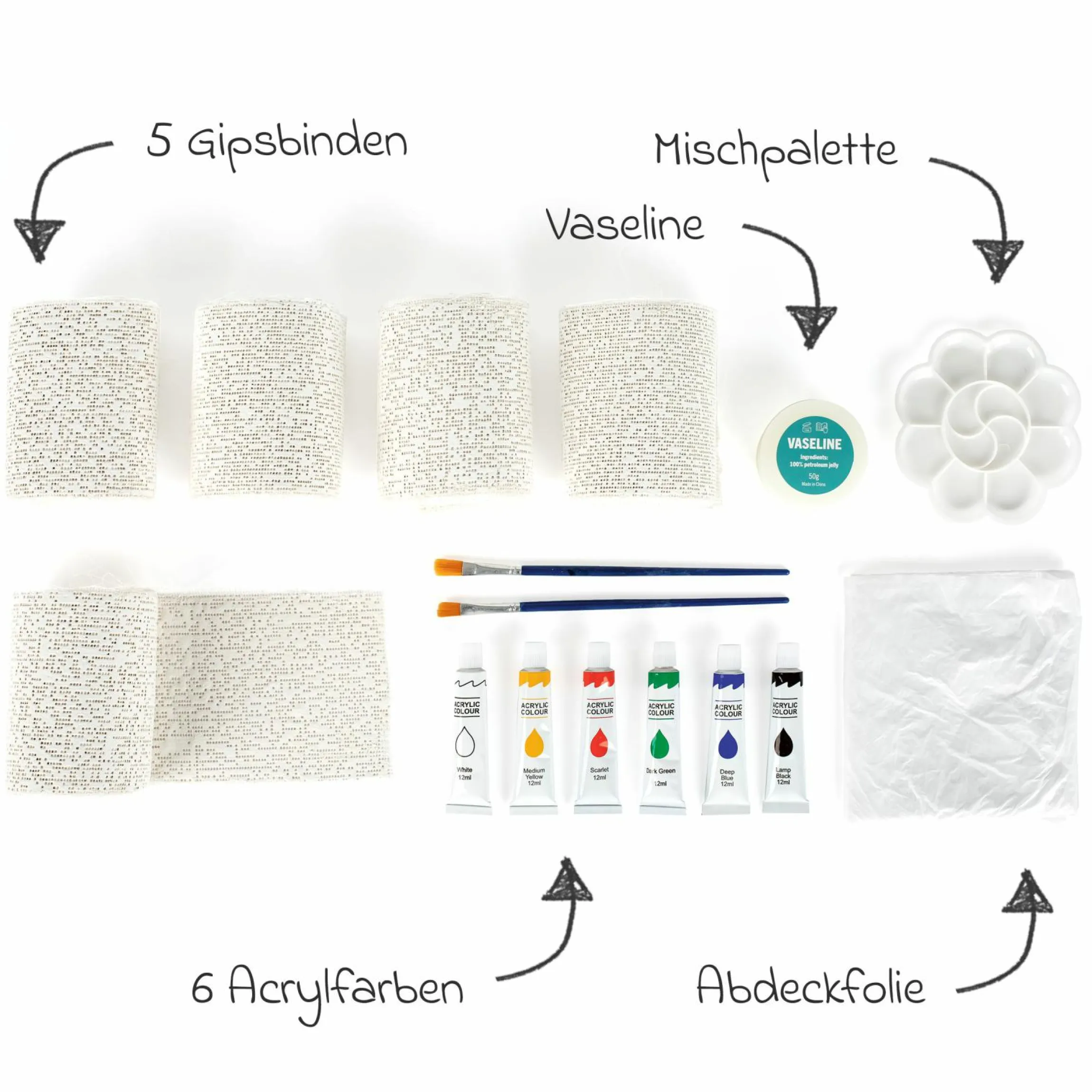 16-tlg. Babybauch-Gipsabdruck-Set Mama mit 5x Gipsbinden, 6x Acrylfarben, 1x Vaseline, 2x Pinsel, 1x Mischpalette & 1x Abdeckfolie - Kollektion 2024