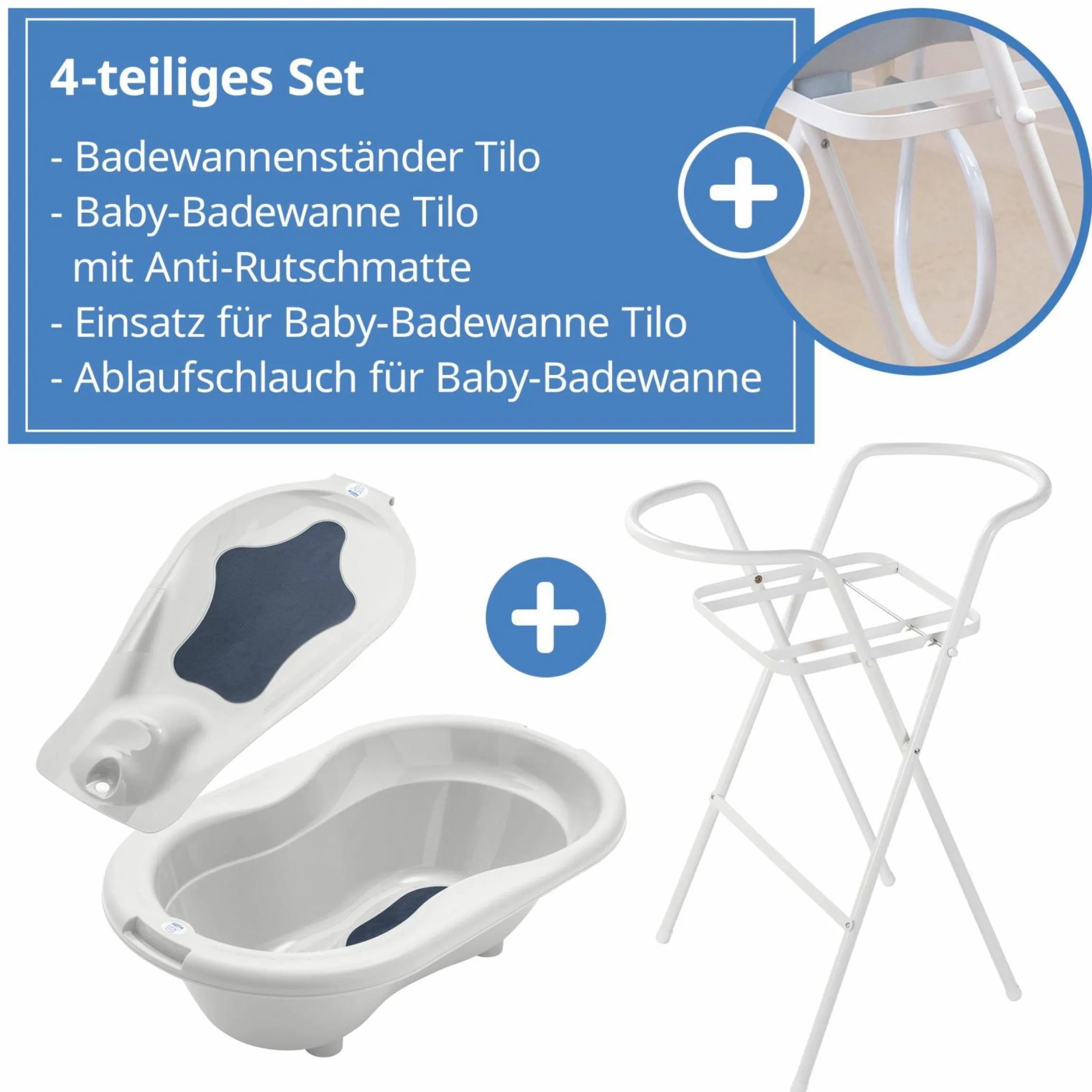 4-tlg. Badeset / Badestation Tilo - inkl. Badewanne + Wannenständer + Badeliege + Ablaufschlauch - Mistletoe White