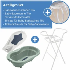 4-tlg. Badeset / Badestation Tilo - inkl. Badewanne + Wannenständer + Badeliege + Ablaufschlauch - Sage Green
