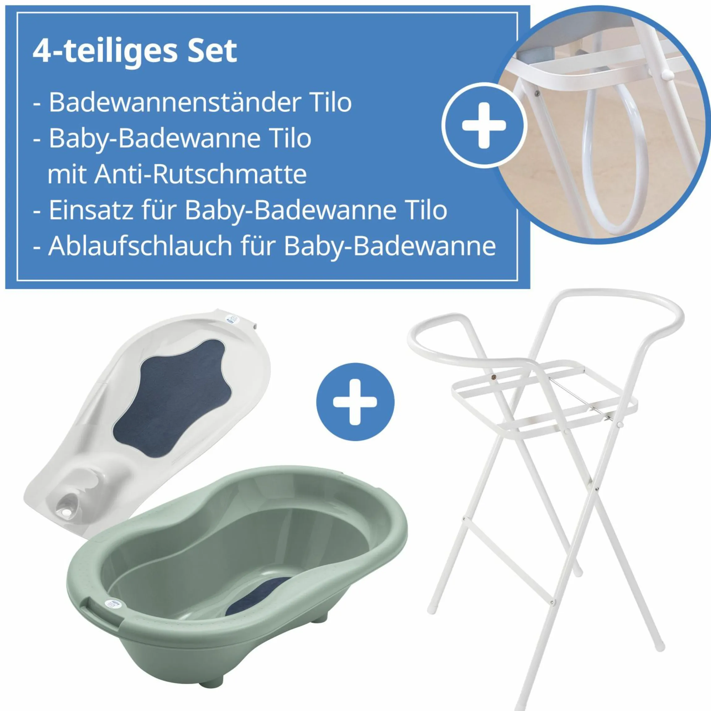 4-tlg. Badeset / Badestation Tilo - inkl. Badewanne + Wannenständer + Badeliege + Ablaufschlauch - Sage Green