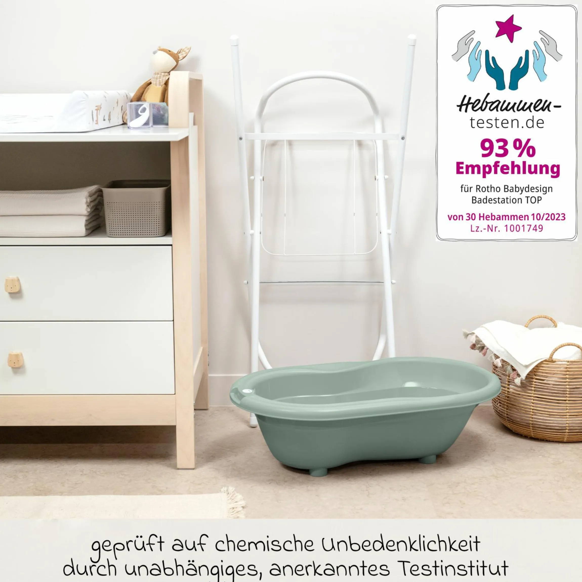 4-tlg. Badeset / Badestation Tilo - inkl. Badewanne + Wannenständer + Badeliege + Ablaufschlauch - Sage Green