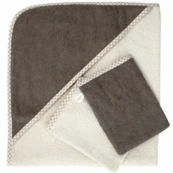 3-tlg. Bade-Set - Kapuzenbadetuch inkl. 2 Waschhandschuhe 80 x 80 cm - Natur Hellbraun