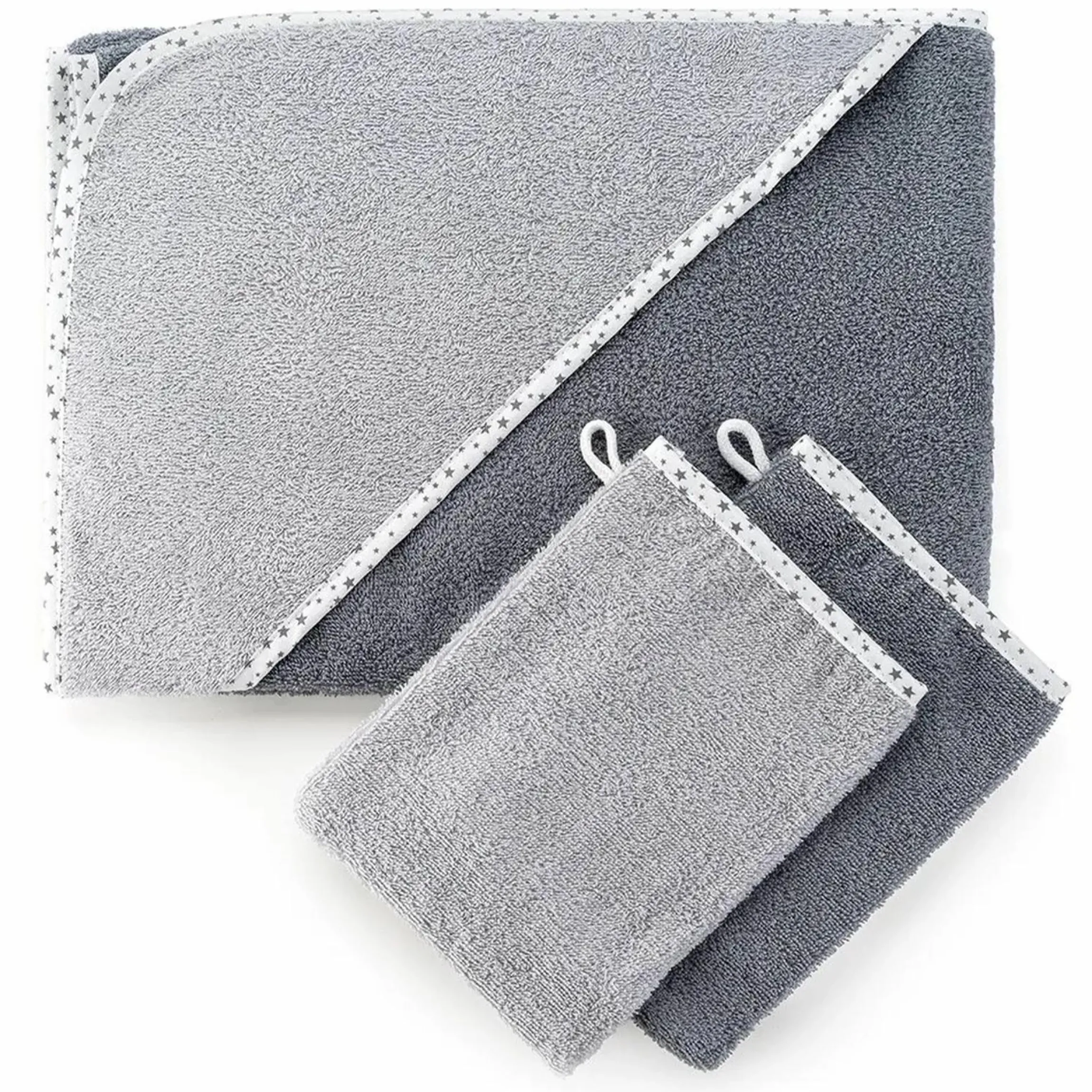 3-tlg. Bade-Set - Kapuzenbadetuch inkl. 2 Waschhandschuhe 80 x 80 cm - Sterne Grau