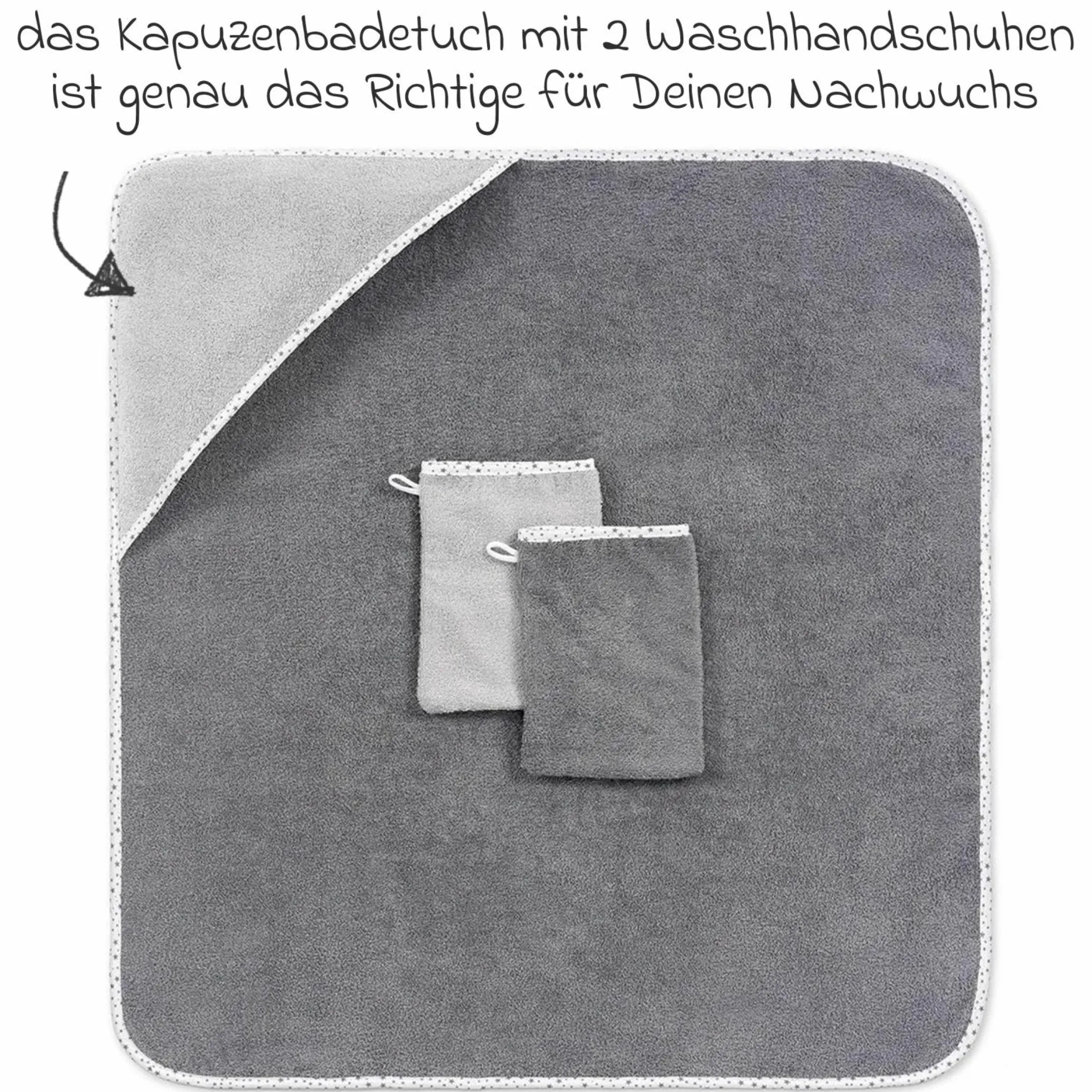 3-tlg. Bade-Set - Kapuzenbadetuch inkl. 2 Waschhandschuhe 80 x 80 cm - Sterne Grau