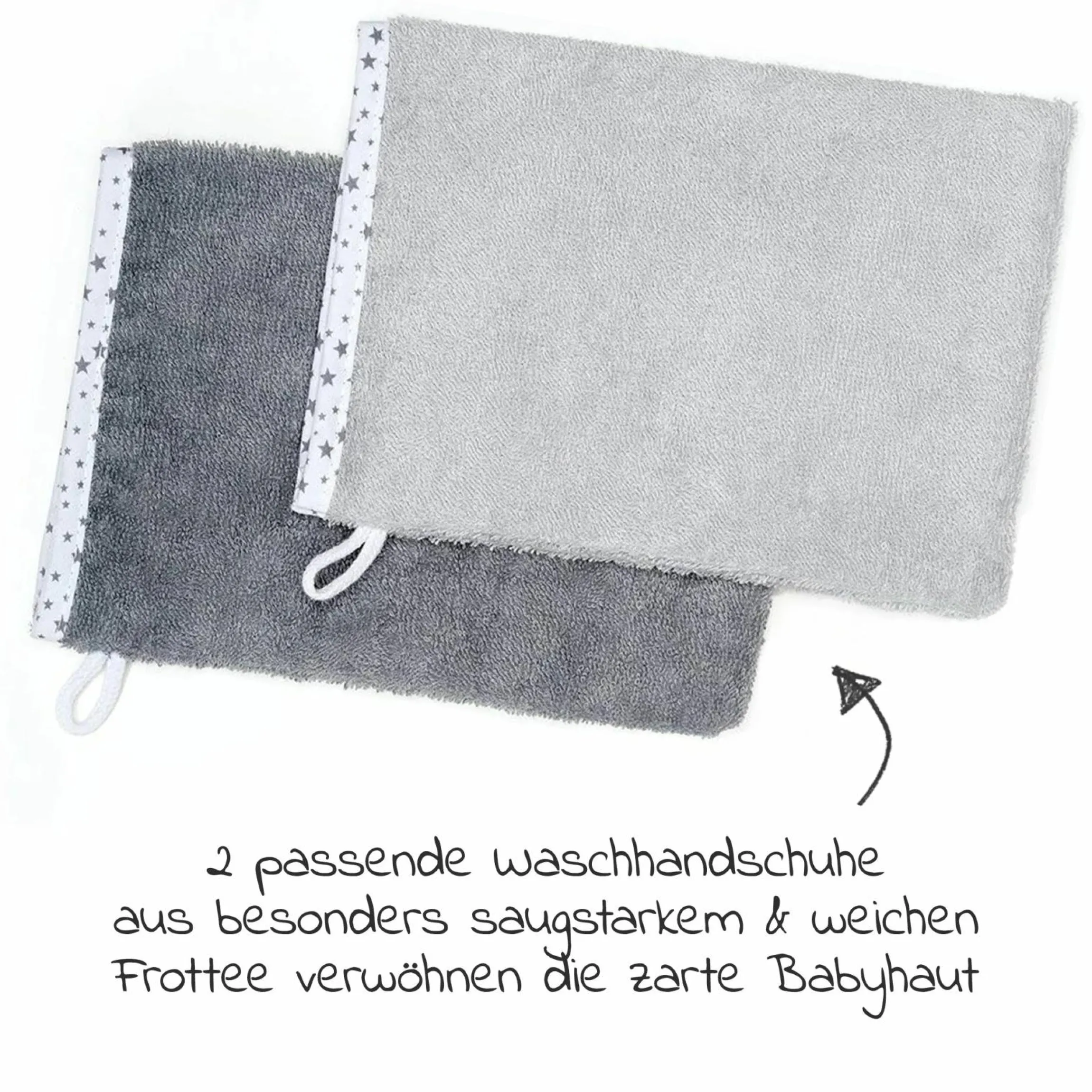3-tlg. Bade-Set - Kapuzenbadetuch inkl. 2 Waschhandschuhe 80 x 80 cm - Sterne Grau
