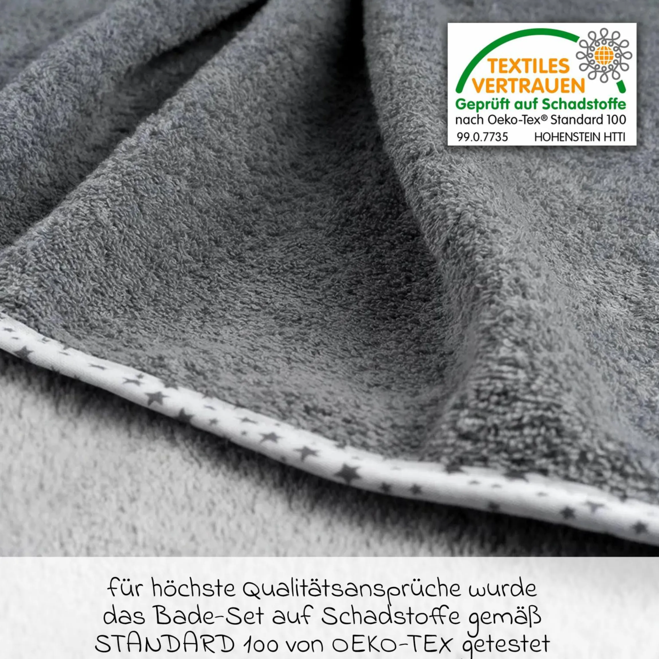 3-tlg. Bade-Set - Kapuzenbadetuch inkl. 2 Waschhandschuhe 80 x 80 cm - Sterne Grau