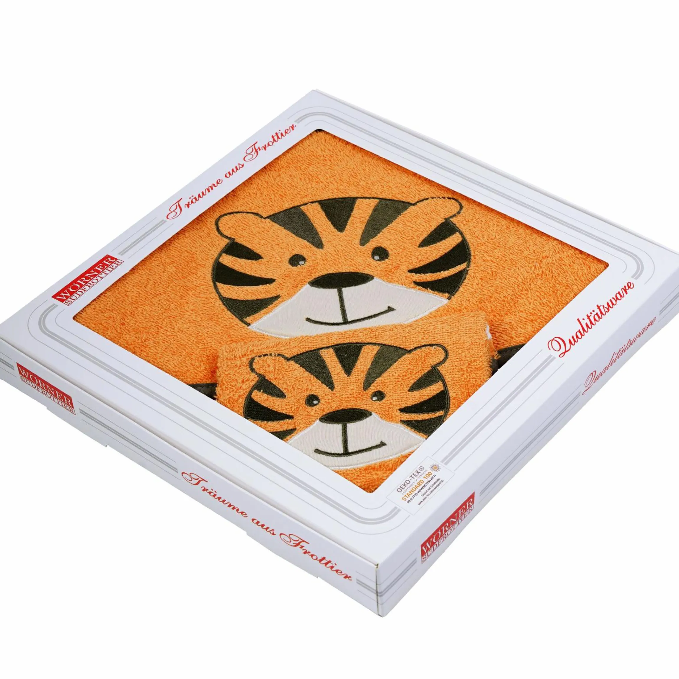 2-tlg. Bade-Set Kapuzenbadetuch inkl. Waschhandschuh 80 x 80 cm - Stickerei Tiger - Orange