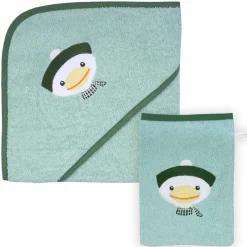2-tlg. Bade-Set Kapuzenbadetuch inkl. Waschhandschuh 80 x 80 cm - Stickerei Ente - Mint