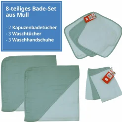 8-tlg. Bade-Set Mull - 2 Kapuzenbadetücher + 3 Waschhandschuhe + 3 Waschtücher - Mint Eisblau