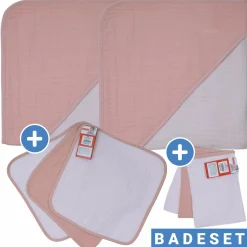 8-tlg. Bade-Set Mull - 2 Kapuzenbadetücher + 3 Waschhandschuhe + 3 Waschtücher - Lachsrosa Erika
