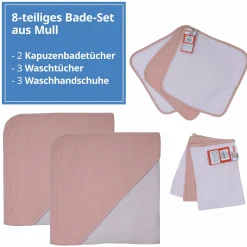 8-tlg. Bade-Set Mull - 2 Kapuzenbadetücher + 3 Waschhandschuhe + 3 Waschtücher - Lachsrosa Erika