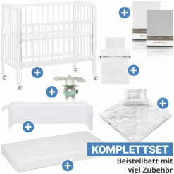 10-tlg. Beistellbett-Komplett-Set Nino inkl. Matratze Nino, Bettwäsche, Spannbetttücher, Steppbett, Nestchen & Ring-Greifling - Weiß