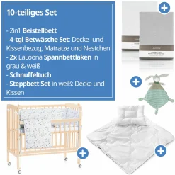 10-tlg. Beistellbett-Komplett-Set Nino inkl. Matratze, Bettwäsche, Spannbetttücher, Nestchen, Steppbett & Schmusetuch - Kangaroo Weiß - Natur - Kollektion 2024