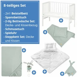8-tlg. Beistellbett-Komplett-Set mit Canvas-Barriere, Matratze 90 x 45 cm, Spannbetttuch, Steppbett, Bettwäsche, Schmusetuch & Spieluhr 47 x 99,5 cm - Weiß