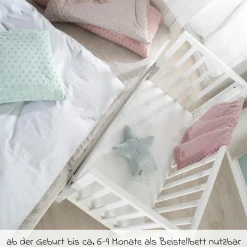 8-tlg. Beistellbett-Komplett-Set mit Canvas-Barriere, Matratze 90 x 45 cm, Spannbetttuch, Steppbett, Bettwäsche, Schmusetuch & Spieluhr 47 x 99,5 cm - Weiß