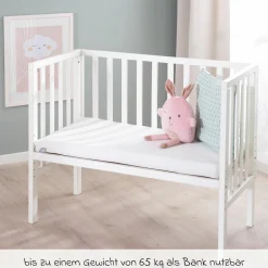 8-tlg. Beistellbett-Komplett-Set mit Canvas-Barriere, Matratze 90 x 45 cm, Spannbetttuch, Steppbett, Bettwäsche, Schmusetuch & Spieluhr 47 x 99,5 cm - Weiß