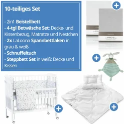 10-tlg. Beistellbett-Komplett-Set Nino inkl. Matratze, Bettwäsche, Spannbetttücher, Nestchen, Steppbett & Schmusetuch Kangaroo Weiß - Weiß - Kollektion 2024