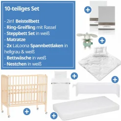 10-tlg. Beistellbett-Komplett-Set Nino inkl. Matratze Nino, Bettwäsche, Spannbetttücher, Steppbett, Nestchen & Ring-Greifling - Natur