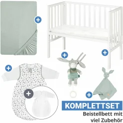 6-tlg. Beistellbett-Komplett-Set mit Canvas-Barriere, Matratze 90 x 45 cm, Spannbetttuch, 2-tlg-Schlafsack, Schmusetuch & Spieluhr 47 x 99,5 cm - Weiß