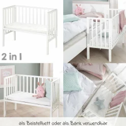 6-tlg. Beistellbett-Komplett-Set mit Canvas-Barriere, Matratze 90 x 45 cm, Spannbetttuch, 2-tlg-Schlafsack, Schmusetuch & Spieluhr 47 x 99,5 cm - Weiß