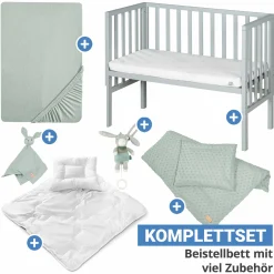 8-tlg. Beistellbett-Komplett-Set mit Canvas-Barriere, Matratze 90 x 45 cm, Spannbetttuch, Steppbett, Bettwäsche, Schmusetuch & Spieluhr 47 x 99,5 cm - Taupe