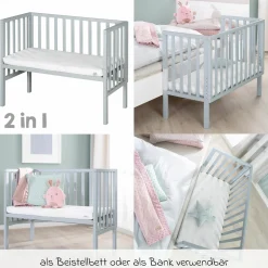 8-tlg. Beistellbett-Komplett-Set mit Canvas-Barriere, Matratze 90 x 45 cm, Spannbetttuch, Steppbett, Bettwäsche, Schmusetuch & Spieluhr 47 x 99,5 cm - Taupe