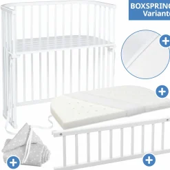 5-tlg.- Beistellbett-Set Boxspring mit Matratze Classic Fresh, Nestchen Sterne Weiß Perlgrau, Spannbetttuch Deluxe Weiß & Verschlussgitter - Weiß - Kollektion 2024
