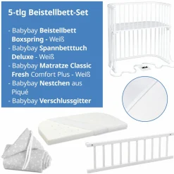 5-tlg.- Beistellbett-Set Boxspring mit Matratze Classic Fresh, Nestchen Sterne Weiß Perlgrau, Spannbetttuch Deluxe Weiß & Verschlussgitter - Weiß - Kollektion 2024