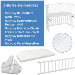 5-tlg.- Beistellbett-Set Maxi mit Matratze Classic Fresh, Nestchen Sterne Weiß Perlgrau, Spannbetttuch Deluxe Weiß & Verschlussgitter - Weiß - Kollektion 2024
