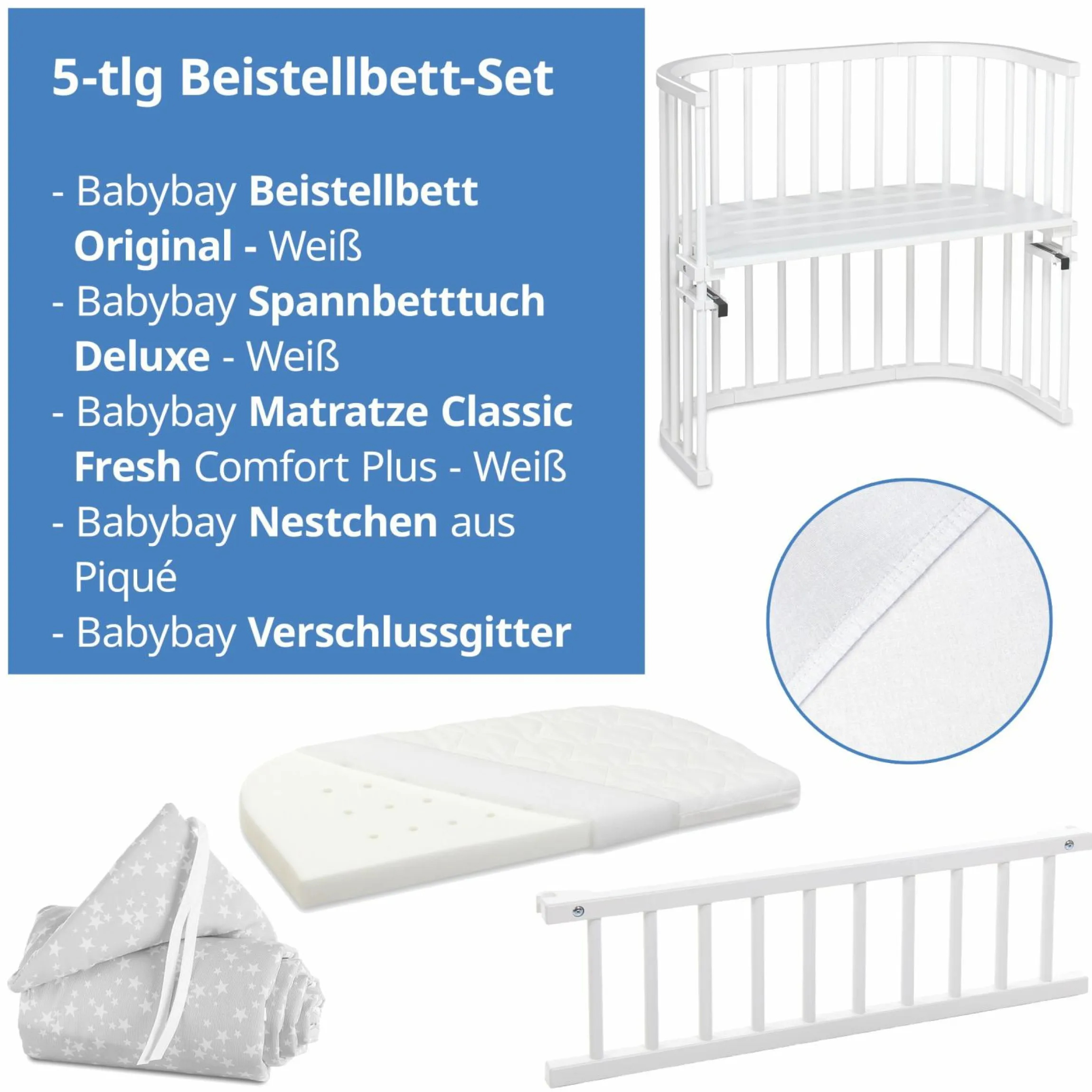 5-tlg.- Beistellbett-Set Original mit Matratze Klima Wave, Nestchen Sterne Weiß Perlgrau, Spannbetttuch Deluxe Weiß & Verschlussgitter - Weiß - Kollektion 2024