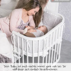 5-tlg.- Beistellbett-Set Original mit Matratze Klima Wave, Nestchen Sterne Weiß Perlgrau, Spannbetttuch Deluxe Weiß & Verschlussgitter - Weiß - Kollektion 2024