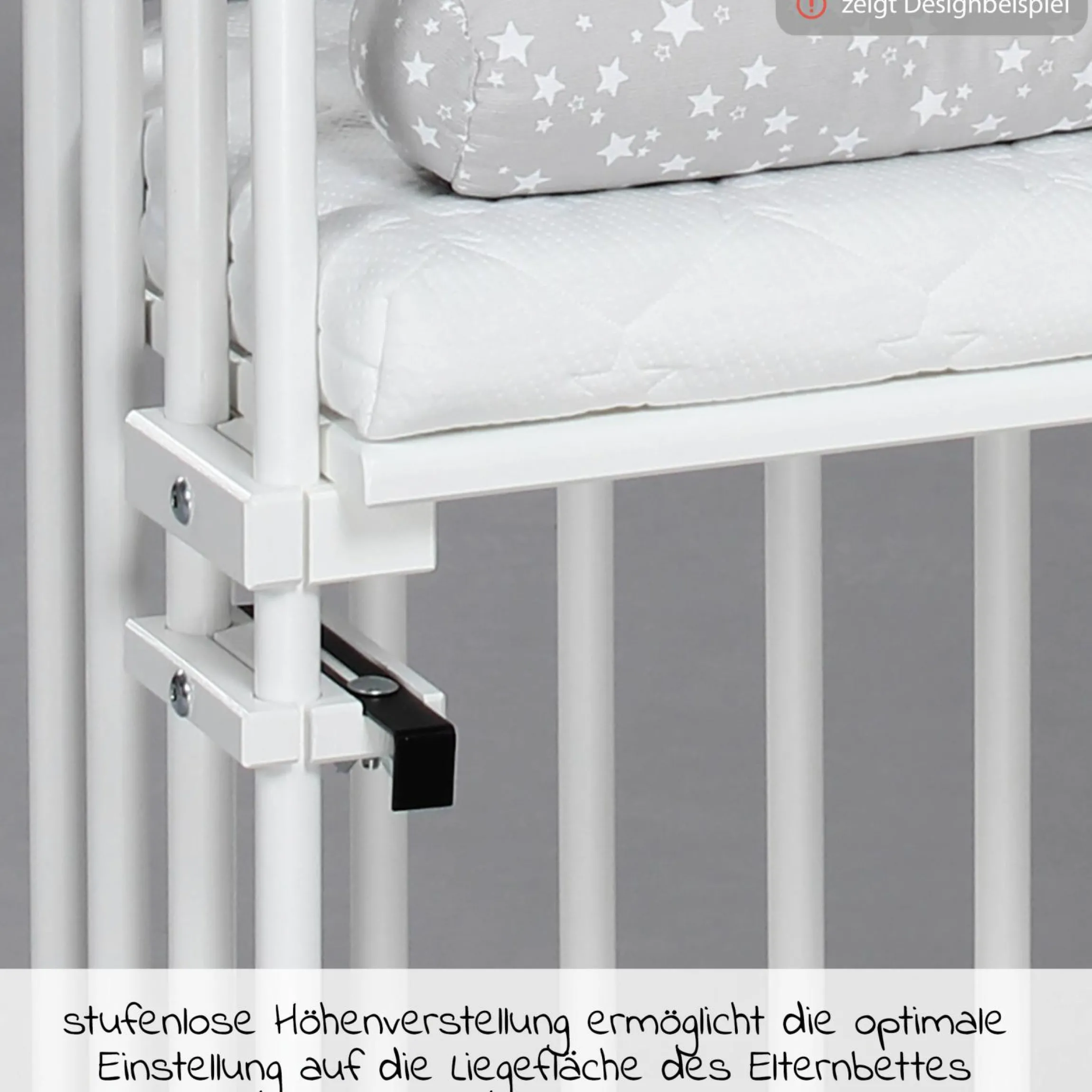5-tlg.- Beistellbett-Set Original mit Matratze Klima Wave, Nestchen Sterne Weiß Perlgrau, Spannbetttuch Deluxe Weiß & Verschlussgitter - Weiß - Kollektion 2024