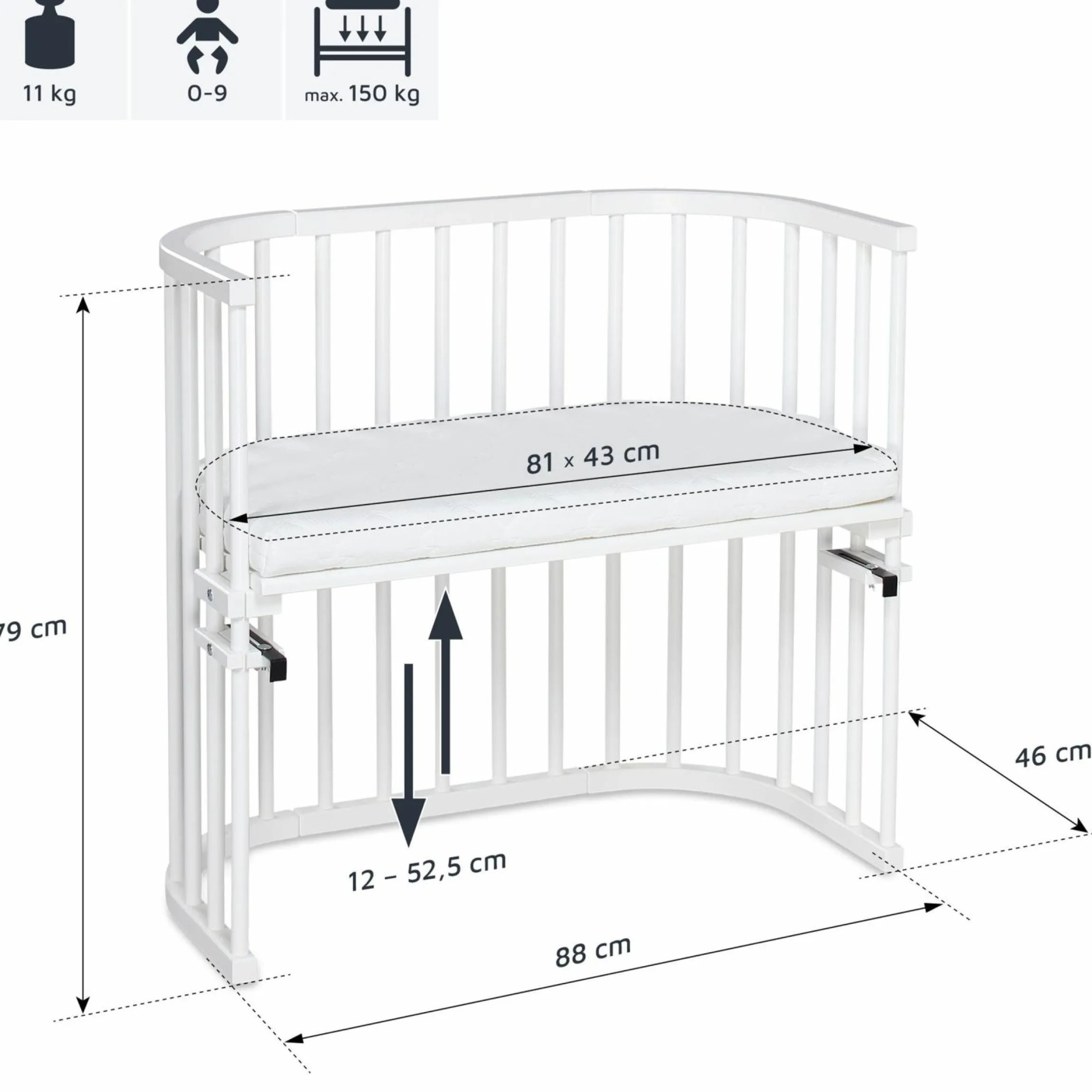 5-tlg.- Beistellbett-Set Original mit Matratze Klima Wave, Nestchen Sterne Weiß Perlgrau, Spannbetttuch Deluxe Weiß & Verschlussgitter - Weiß - Kollektion 2024