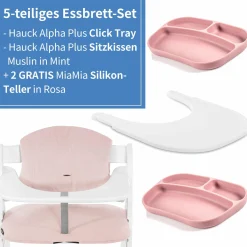 5-tlg. Essbrett-Set für Alpha Plus - Click Tray + Sitzkissen + GRATIS 2x Silikon-Teller - White Muslin Rose