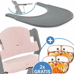 5-tlg. Essbrett-Set für Alpha Plus - Click Tray + Sitzkissen + GRATIS 2x Silikon-Teller - Grey Muslin Rose