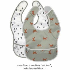 9-tlg. Esslern-Set - Schnabeltasse + Schale + Teller + 4 Löffel + 2 Klett-Lätzchen - Little Forest Fox - Olive
