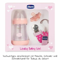 3-tlg. Geschenkset PP-Flasche Perfect5 150 ml + Schnuller und Schnullerband - Rosa